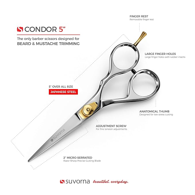 Suvorna Beard & Mustache Scissors for Men - 5" Grooming Scissors for Trimming, Cutting, and Shaping Facial Hair - Japanese Steel Hair Cutting Scissors for Barbers, Professionals & Home Use