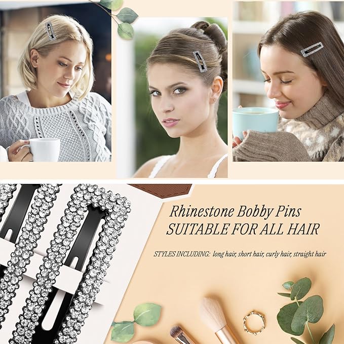 Rhinestone and Crystal Hair Clips 2-Pack, Sparkly Barrettes & Elegant Bling Accessories for Women & Girls(Set7)