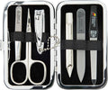 3 Swords Germany - Brand Quality 6 Piece Manicure Pedicure Grooming kit Set - Scissors, Metal and Glass Nail File, Clipper, Tweezers with Synthetic Leather case - Brown II