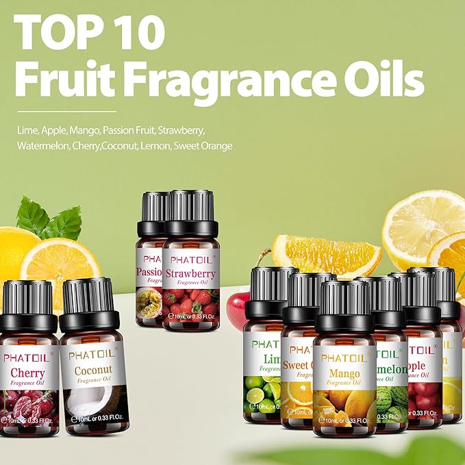 PHATOIL 10Pcs Fruity Fragrance Oil Set, Coconut, Cherry, Apple, Strawberry, Mango Candle Scents for Candle Making, Freshie Scents for DIY Soap Making, Diffuser Oil Scents Set