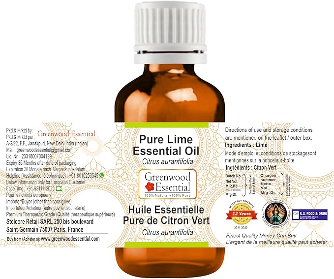 Greenwood Essential Lime Essential Oil (Citrus aurantifolia) Pure | Non-Sticky | Non-Greasy | Lightweight | Men & Women | All Skin Types | Steam Distilled 15ml (0.50 oz)