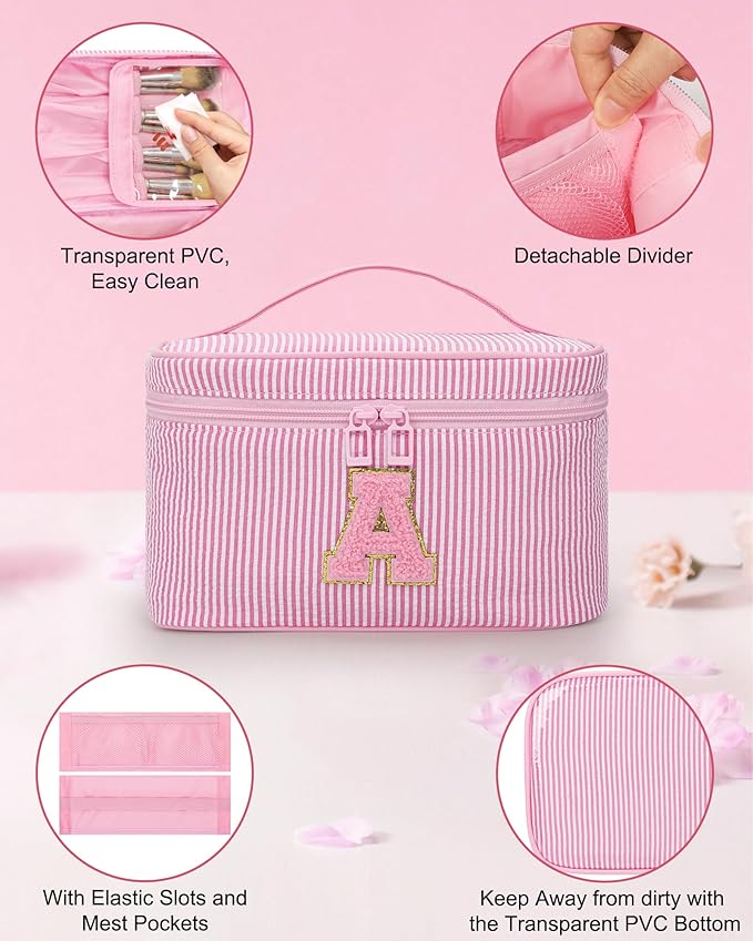 Initial Makeup Bag - Personalized Monogram Cute Makeup Bags,Make Up Case for Women Her Best Friend Friendship Sister Teacher,Birthday Gifts for Women,Girls Makeup Toiletry Bag Pouch,Pink R