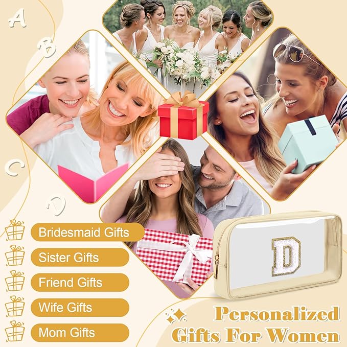 Personalized Initial Letter Clear Makeup Bag,Preppy Small Nylon&PVC Cosmetic Zipper Bag with Chenille Letter,Portable Beach Travel Skincare Toiletry Bag,Trendy Monogram Gift for Teen Girls Women,D