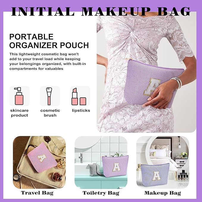 Travel Makeup Bag Set - Travel Essentials, Initial Make up Cosmetic Bag Makeup Pouch Travel Toiletry Bag | Cute Purple Stuff Birthday Gifts for Women Mom Daughter, Purple Letter A