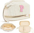 Makeup Bag for Girls Gift, Personalized Christmas Gifts Initial Women Makeup Bag for Travel, Double Layer Cosmetic Bag with Brush Organizer Preppy Make up Bag for Teen Girl Trendy - P