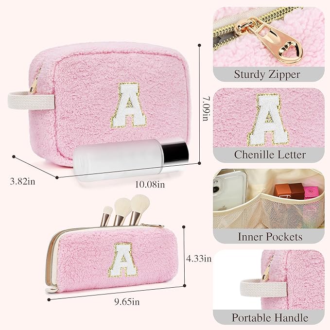 2PCS Makeup Bag with Initials, Christmas Day Gifts for Teen Girls Trendy Stuff, Personalized Cosmetic Travel Bag Pouch for Granddaughter, Cute Plush Make up Bags for Birthday - Pink G