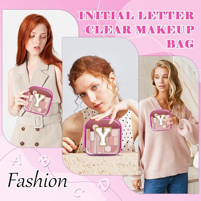 Personalized Initial Letter Clear Preppy Makeup Bag,Mini Nylon Chenille Letter Cosmetic Bag Cute Zipper Pouch Coin Purse for Teen Girls,Portable TSA Approved Travel Essentials Bag Gift for Women,Y