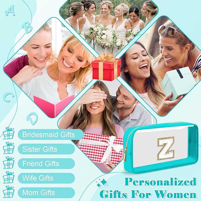 Personalized Initial Letter Clear Makeup Bag,Preppy Small Nylon&PVC Cosmetic Zipper Bag with Chenille Letter,Portable Beach Travel Skincare Toiletry Bag,Trendy Monogram Gift for Teen Girls Women,Z