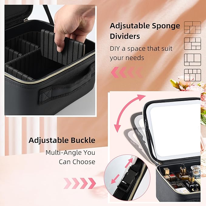 Travel Makeup Bag with LED Mirror – Waterproof Cosmetic Train Case with Adjustable Dividers, Portable Makeup Organizer and Toiletry Bag for Women, Teens & Girls Gift, Black