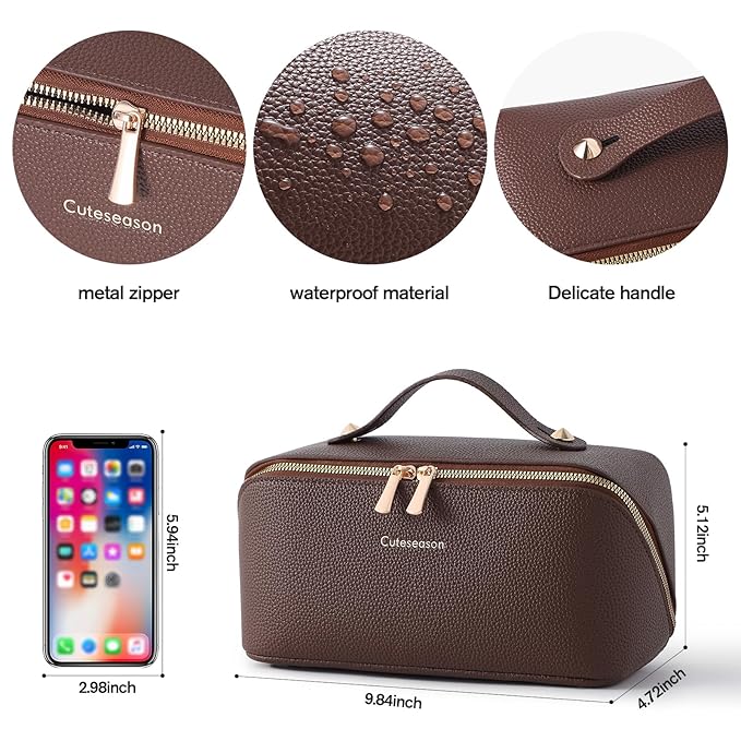 Makeup Bag, Travel Toiletry Bag for Women, Large Capacity Waterproof Rhombus Stitching Pattern PU Leather Cosmetic Bags Make Up Organizer Bags with Headband and Wristband Set (Pink)