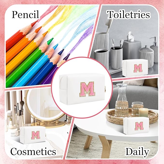 Small Personalized Letter Makeup Bag, Cute PU Leather Chenille Letters Cosmetic Bag Travel Makeup Pouch, Preppy Travel Organizer Zipper Pouch for Women&Girls（WhitePink-M）