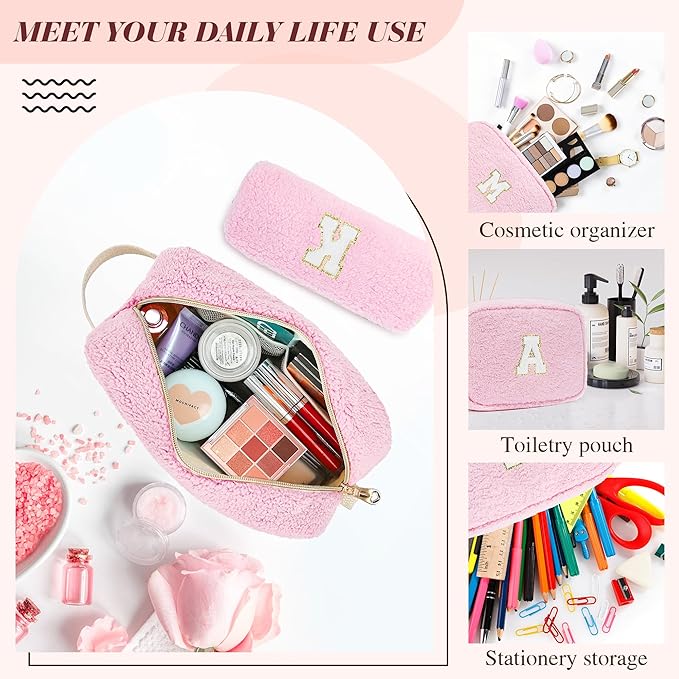 2PCS Makeup Bag with Initials, Christmas Day Gifts for Teen Girls Trendy Stuff, Personalized Cosmetic Travel Bag Pouch for Granddaughter, Cute Plush Make up Bags for Birthday - Pink D