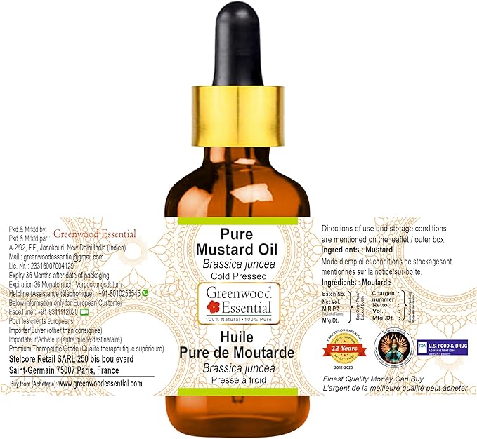 Greenwood Essential Mustard Oil (Brassica juncea) with Glass Dropper | Cold Pressed | Natural | Undiluted | For Diluting Essential Oils | For Skin & Massage | Men & Women | 10ml (0.33 oz)