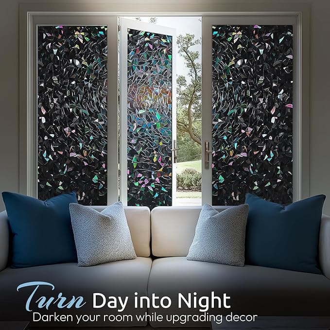 rabbitgoo Window Privacy Film Rainbow Film Decorative Window Sticker, 3D Static Stained Glass Cling Tint for Room Darkening Day Sleep, Black, 35.4 x 78.7 inches