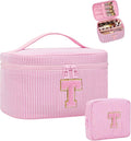 Initial Makeup Bag Cosmetic Bag Bridal Shower Gifts - Bridesmaid Bag,Bridesmaid Proposal Gifts for Wedding Day,Maid Matron of Honor Gift, Bride to be Gifts,Bachelorette Party Favors,Pink T