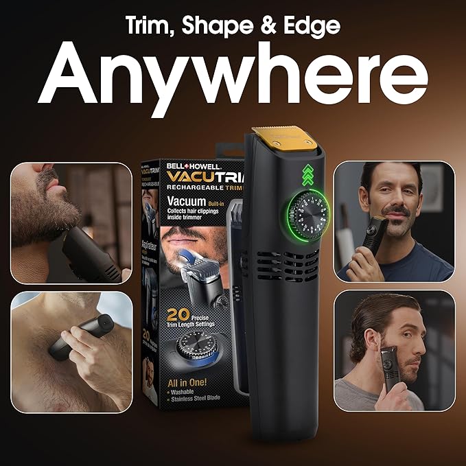 Bell+Howell Vacutrim Cordless Beard Trimmer – Rechargeable Electric Shaver with Built-in Vacuum, 20 Trim Settings, LED Indicator – for Mustache, Sideburns, Facial Hair – Deluxe, 7.5" As Seen On TV