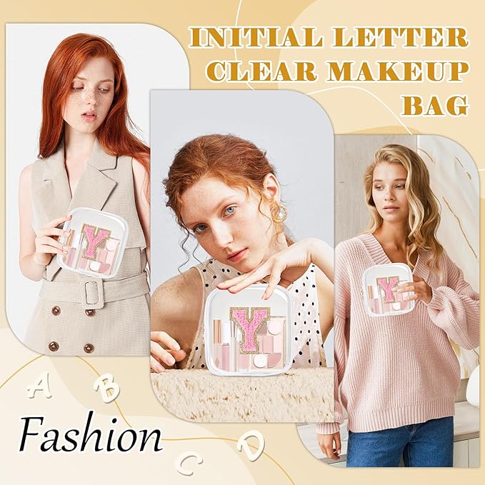 Personalized Initial Letter Clear Preppy Makeup Bag,Mini Nylon Chenille Letter Cosmetic Bag Cute Zipper Pouch Purse for Teen Girls,Portable TSA Approved Beach Travel Essentials Bag Gift for Women,Y
