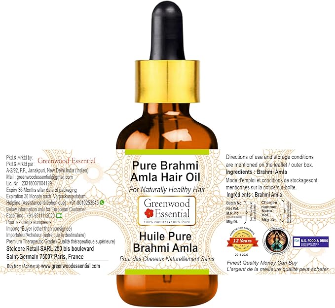 Greenwood Essential Pure Brahmi Amla Hair Oil with Glass Dropper Premium Therapeutic Grade for Hair, Skin & Aromatherapy 100ml (3.38 oz)
