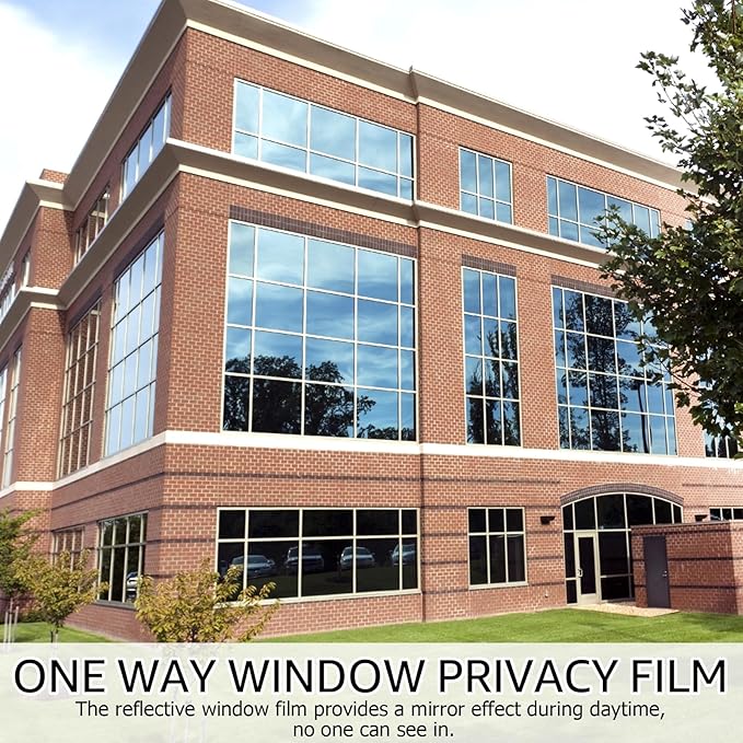 HIDBEA One Way Window Film, Daytime Privacy Sun Blocking Reflective Window Film No Glue Static Cling Heat Control Window Tinting Film for Home and Office, Black Silver, 23.6 x 157.5 Inch