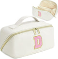 for Christmas Day Gifts, Makeup Bag for Women, PU Leather Travel Toiletry Bags, Initial Make Up Cosmetic Pouch for Teen Girls, Wide Open Portable Skincare Bag, Personalized Birthday Gifts, White D