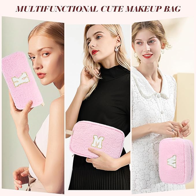 2PCS Makeup Bag with Initials, Christmas Day Gifts for Teen Girls Trendy Stuff, Personalized Cosmetic Travel Bag Pouch for Granddaughter, Cute Plush Make up Bags for Birthday - Pink E