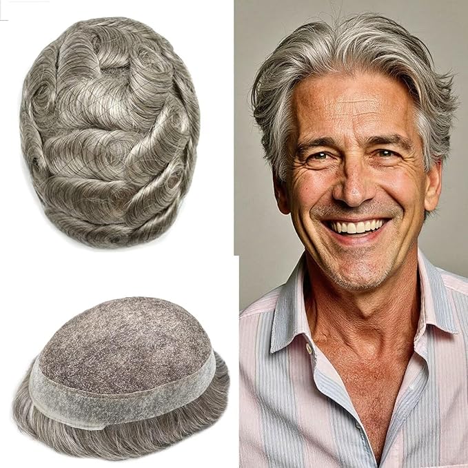 Mens Toupee Human Hair Piece French Lace Toupee for Man Hair System Indian Human Hair Replacement Systems V-Looped PU Front Hairpieces 7"X9" #370 Dark Brown with 70% Gray