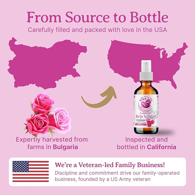 Bella Terra Oils - Organic Rose Water Spray 4oz - Dive into the Elixir of Rose Hydrosol, Gentle on Skin, Luxurious Rosewater Toner Face Experience