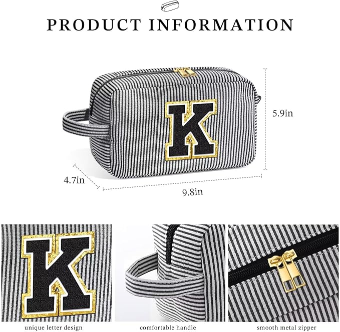 YOOLIFE Initial Makeup Bag Cosmetic Bag for Teen Girls Women - Birthday Gifts for Teen Girls Women, Toiletry Pouch Black J