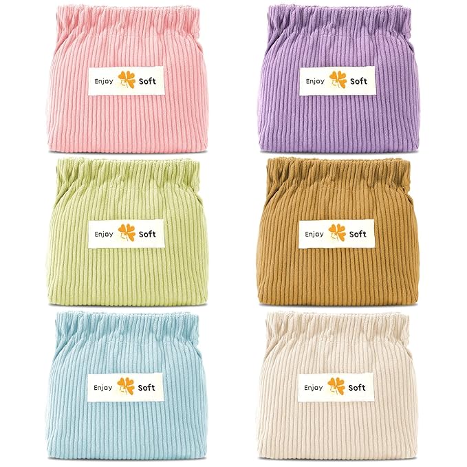 AUGSUN 6pc Corduroy Elastic Hair Tie Organizer, Storage Bag, Makeup Pouch, Travel Accessory, 5.11 x 1.96 x 4.72 IN, Milky White, Green, Blue, Coffee, Pink, Purple