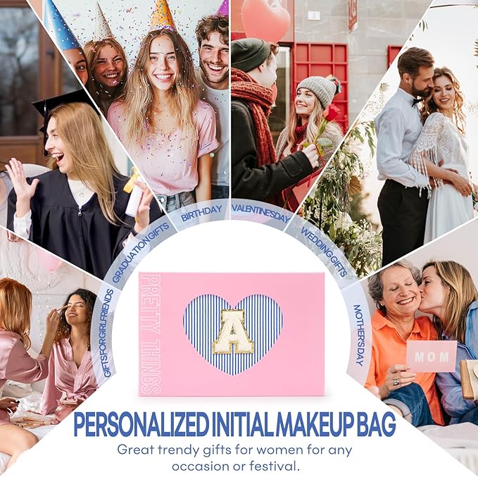 2 PCS Initial Makeup Bags for Women: Cosmetic Bag for Travel Toiletry - Birthday Gifts for 11 12 13 14 15 16 17 18 Years Old Girl Graduation Teacher Gift- Teen Girl Gifts Trendy Stuff - Blue P