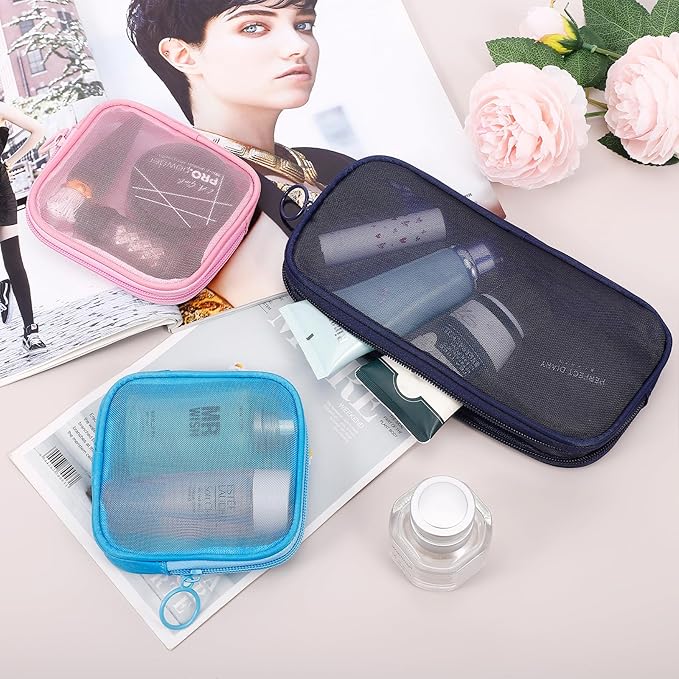 4 Pieces Mini Zipper Nylon Mesh Pouch, Mesh Cosmetic Bags Makeup Bags, Multipurpose Travel Toiletry Bags for Office Supplies and Travel Accessories (Grey, S)