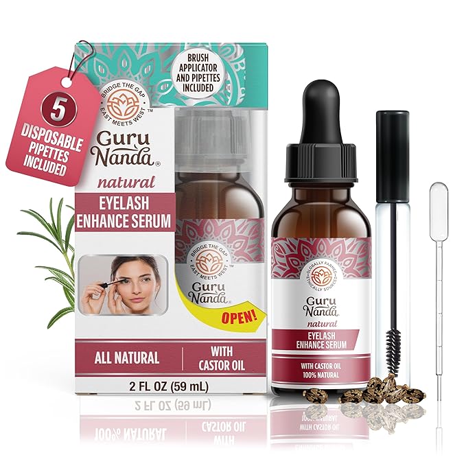 GuruNanda Natural Castor Oil Eyelash Enhance Serum with Rosemary Oil - Brush Applicator & 5 Pipettes, Helps Natural Hair Growth for Eyebrows & Beards, 2 Fl Oz