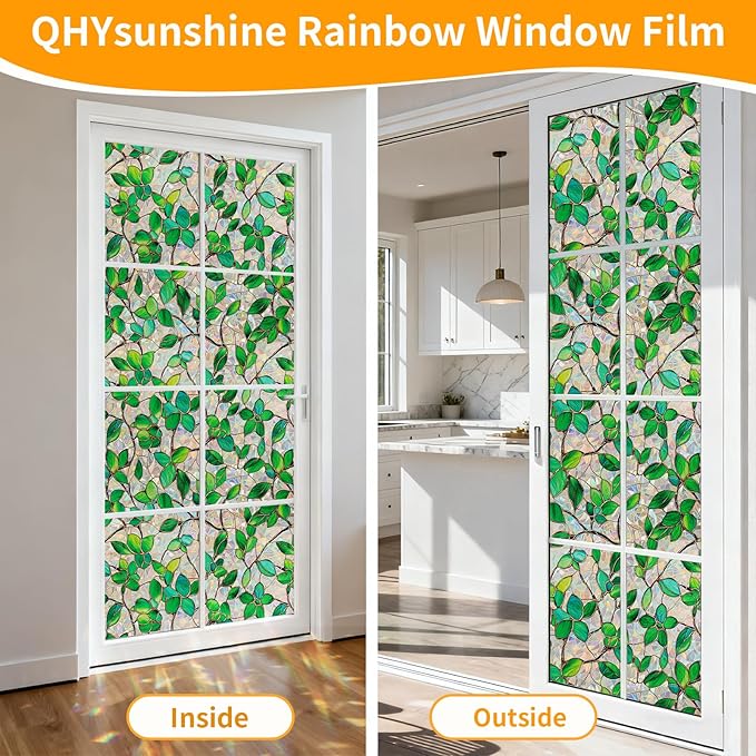 Stained Glass Window Privacy Film Decorative Rainbow Static Clings – Ideal for Home & Office, Adhesive-Free, Removable, UV-Blocking (Green Rainbow, 23.6 X 78.7 in)