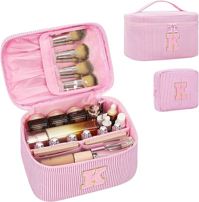 MONSTINA Initial Makeup Bag with Brush Holder for Women,Make Up Case for Girlfriend Bridesmaid Wife|Personalized Birthday Gift for Her Cute Toiletry Bag,2PCS,Pink K