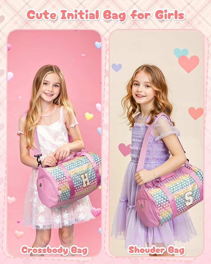 Party Favors for Teenager, Girls Travel Duffel Bag, Kids Initial Overnight Bags with Shoe Compartment, Personalized Weekender Bag with Makeup Pouch, Birthday Gift for Teen (Letter W)