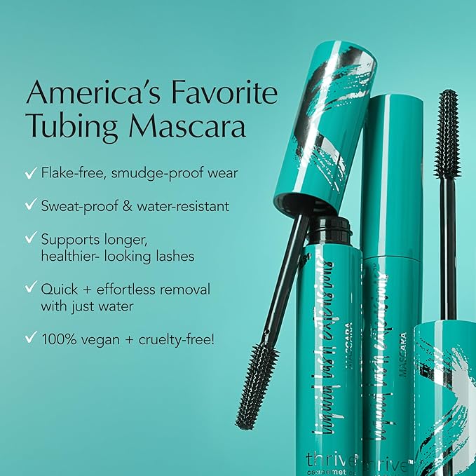 Thrive Causemetics Liquid Lash Extensions Mascara 3 Pack, Tubing Thrive Mascara Lengthening, Makeup Gift Set for Women, Volumizing & Curling, Smudge Proof, Vegan & Cruelty Free, Crystal (Brown Black)