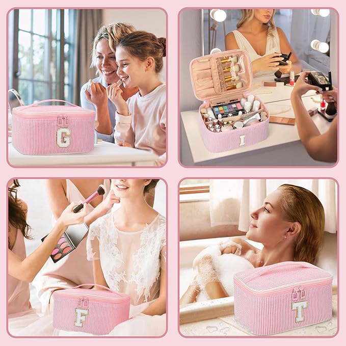 OCHEAL Makeup Bag for Women, Monogram Cosmetic Bag with Brush Holder, Pink Travel Makeup Case Beauty Toiletry Bag Organizer Personalized Gifts for Girls Bridesmaid, Sister, Wife, Friends Initial V