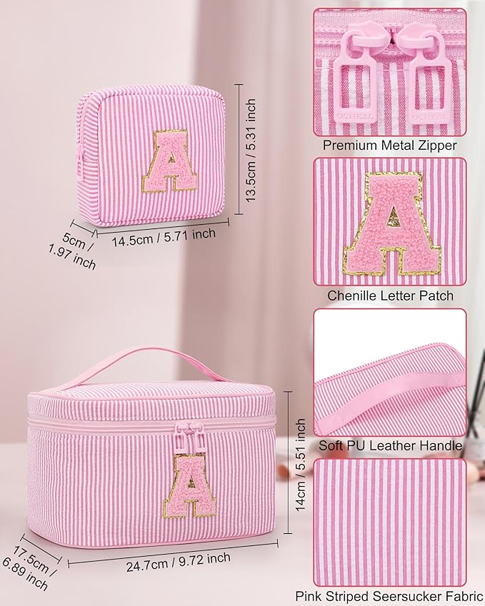 Initial Makeup Bag Cosmetic Bag Bridal Shower Gifts - Bridesmaid Bag,Bridesmaid Proposal Gifts for Wedding Day,Maid Matron of Honor Gift, Bride to be Gifts,Bachelorette Party Favors,Pink T