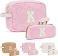 2PCS Makeup Bag with Initials, Christmas Day Gifts for Teen Girls Trendy Stuff, Personalized Cosmetic Travel Bag Pouch for Granddaughter, Cute Plush Make up Bags for Birthday - Pink K