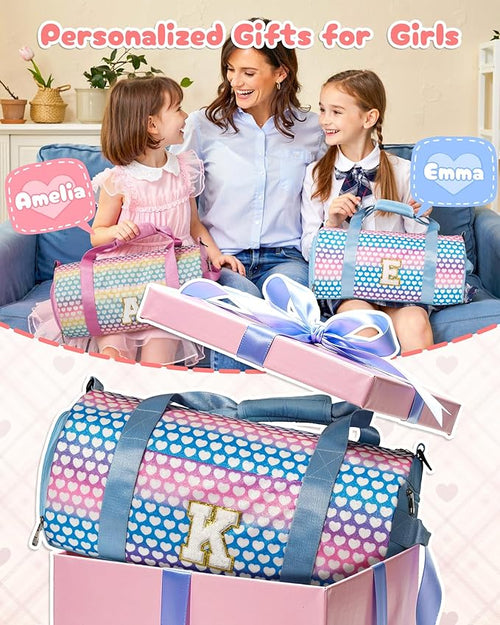 10 Year Old Girl Birthday Gifts, Girls Travel Duffel Bag, Kids Initial Overnight Bags with Shoe Compartment, Initial Duffle Bag with Makeup Pouch, Gift for Grandkids Teens (Letter E)