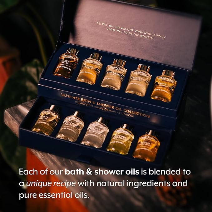 Aromatherapy Associates Essential Oil Blends – Luxury Body and Shower Oils for Dry Skin and Daily Aromatherapy, 10-Pack (0.30 fl oz Each) in Decorative Gift Box
