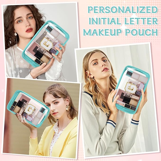 Personalized Initial Clear Makeup Bag, Travel Chenille Patch Cosmetic Bag, Preppy Toiletry Bag Monogram Cosmetic Pouch with Zipper, Ideal Gift for Teen Girls Women (Clear-Green, G)