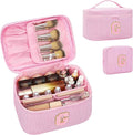 MONSTINA Personalized Initial Makeup Bag with Brush Holder for Women,Make Up Case for Girlfriend Bridesmaid Wife,Birthday Gift for Her Cute Toiletry Bag,2PCS,Pink G