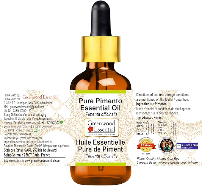 Greenwood Essential Pimento Essential Oil (Pimenta officinalis) with Glass Dropper | Pure | Non-Sticky | Non-Greasy | Lightweight | Men & Women | All Skin Types | Steam Distilled 30ml (1 oz)