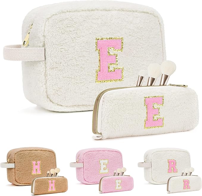 for Christmas Day Gifts, Travel Makeup Bag for Women, Initial Make Up Bag Set for 6 7 8 9 10 11 12 13 Years Old Kids Tween Girls, Large Cosmetic Skincare Bags for Birthday Gifts, White E