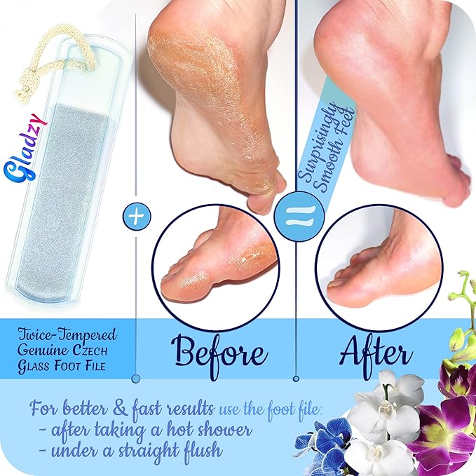 Genuine Czech Glass Nail File Set by GLADZY - Callus Remover Foot Rasp, Cuticle Pusher Manicure Stick, Double Sided Etched Different Grit Surface, Professional Nail Care Tool Kit, Made in EU