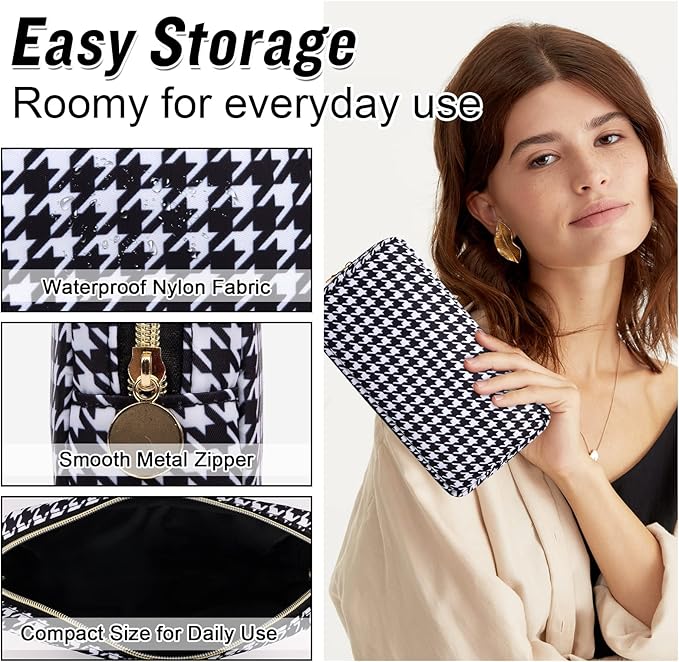 Nylon Small Makeup Bag for Purse, Cute Makeup Pouch Bag Preppy Cosmetic Zipper Pouch Purse, Portable Travel Toiletry Bag Clutch Makeup Brush Bag Organizer Storage for Ladies Girls(Black Houndstooth)