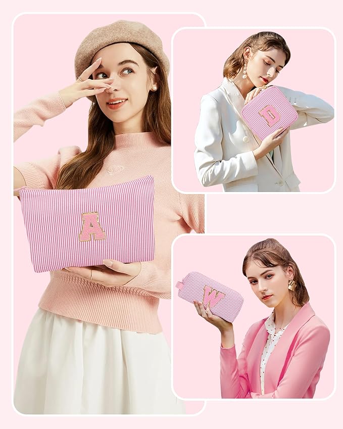 MONSTINA Initial Makeup Bag for Women,Make Up Case for Girlfriend Bridesmaid Wife|Personalized Birthday Gift for Her Cute Toiletry Bag,3PCS,Pink K