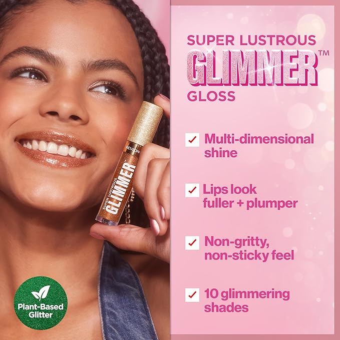 REVLON Super Lustrous Glimmer Gloss, Non-Sticky Lip Gloss, High-Shine Finish, Plant-Based Glitter, 005 Glazed Almond, 0.13 fl oz