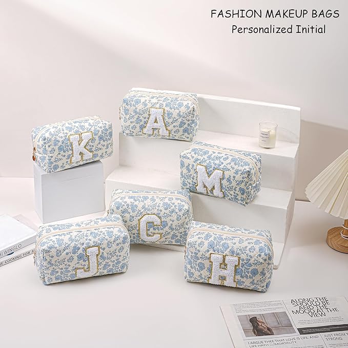 Gleyemor Personalized Initial Makeup Bag for Women, Cute Quilted Blue Floral Cotton Cosmetic Bag, Christmas Gifts for Her Mom Friend Sister Bridesmaid Teacher Women S